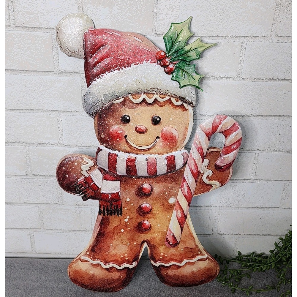 Christmas Gingerbread Boy Metal Wall Hanging Sign Santa Hat Glitter 20"x 12" NEW
